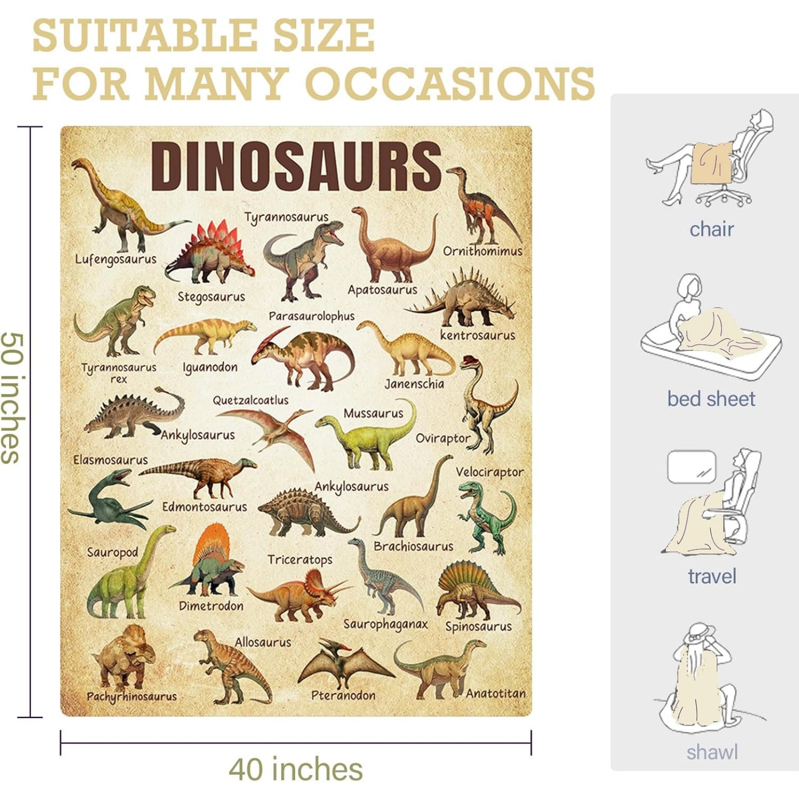 60*80in Dinosaur Blanket for Kids, Educational Gifts for Dinosaur Lovers Children Boy Girl, Jurassic World Dinosaurs Throw Blanket Ultra-Soft Skin-Friendly for Sofa Bed Home Dino Room Decor