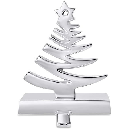 Christmas Stocking Holder Tree BirdRock Home Whimsical Tree Stocking Holder for Mantle – Holiday Christmas Decorations – Hanger for Stockings – Hooks Fireplace Topper Stairs – Steel Decorative Christmas Tree - Heavy Stand - Silver ()