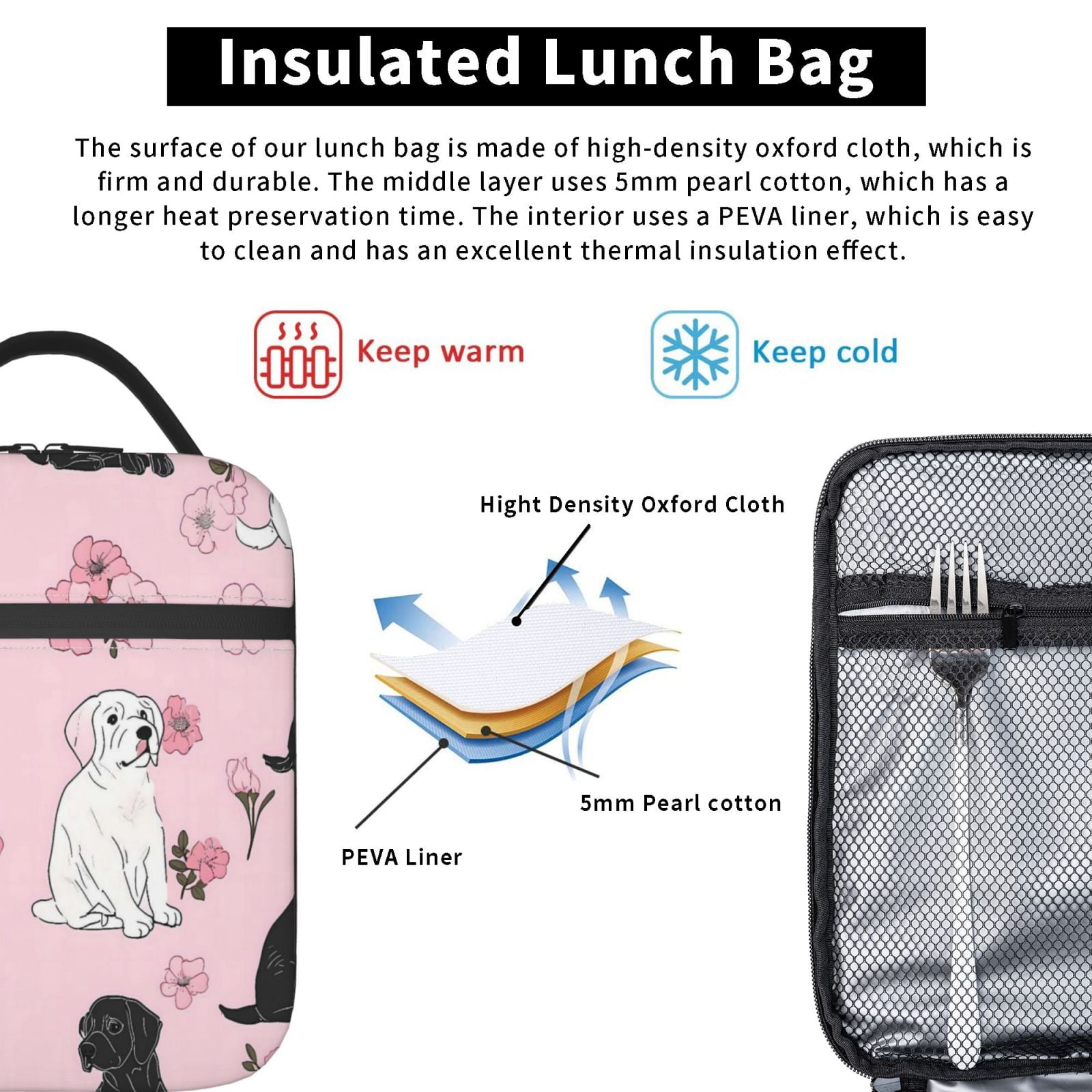 Lunch Bag For Women Men Insulated Portable Lunch Box Bento Box Office Picnic Travel Cooler Bag Dogs And Flowers
