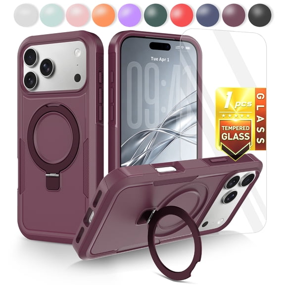 Kryonix for iPhone 18 Pro Max 6.9'' Case,with Screen Protector, Compatible with MagSafe Ring Holder Kickstand,Military Grade Protection Case,Shockproof TPU Matte PC Slim & Tough,Burgundy
