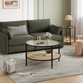 thumbnail image 2 of Boho 2-Tier Rattan Coffee Table – 30 Inch Round Center Table with Water-Wave Tempered Glass Top, Storage Shelf, Metal Frame, Modern Living Room Furniture, Easy Assembly, Black+Yellow, 2 of 8