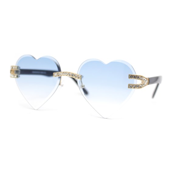 Womens Rimless Rhinestone Jewel Heart Shape Luxury Sunglasses Gold - Blue
