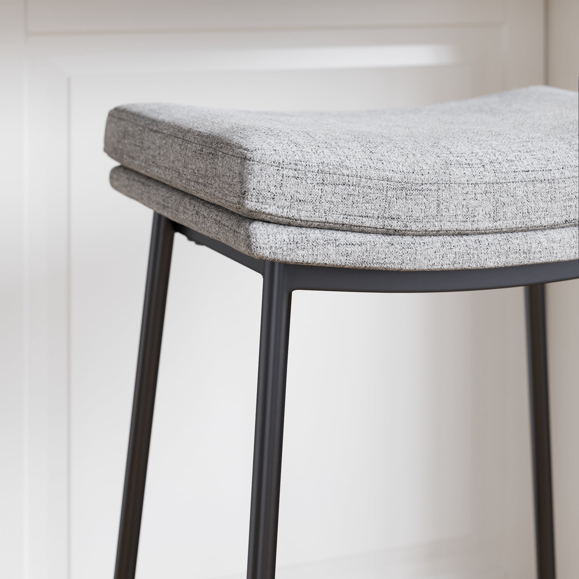 Nathan James Arlo Modern Backless Upholstered Kitchen Counter Bar Stool with Saddle Seat and Metal Base, Grey/ Matte Black