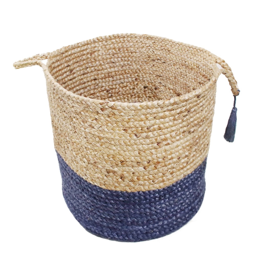 LR Home Woven Round Jute 17" Storage Basket with Handles, Indigo Stripe