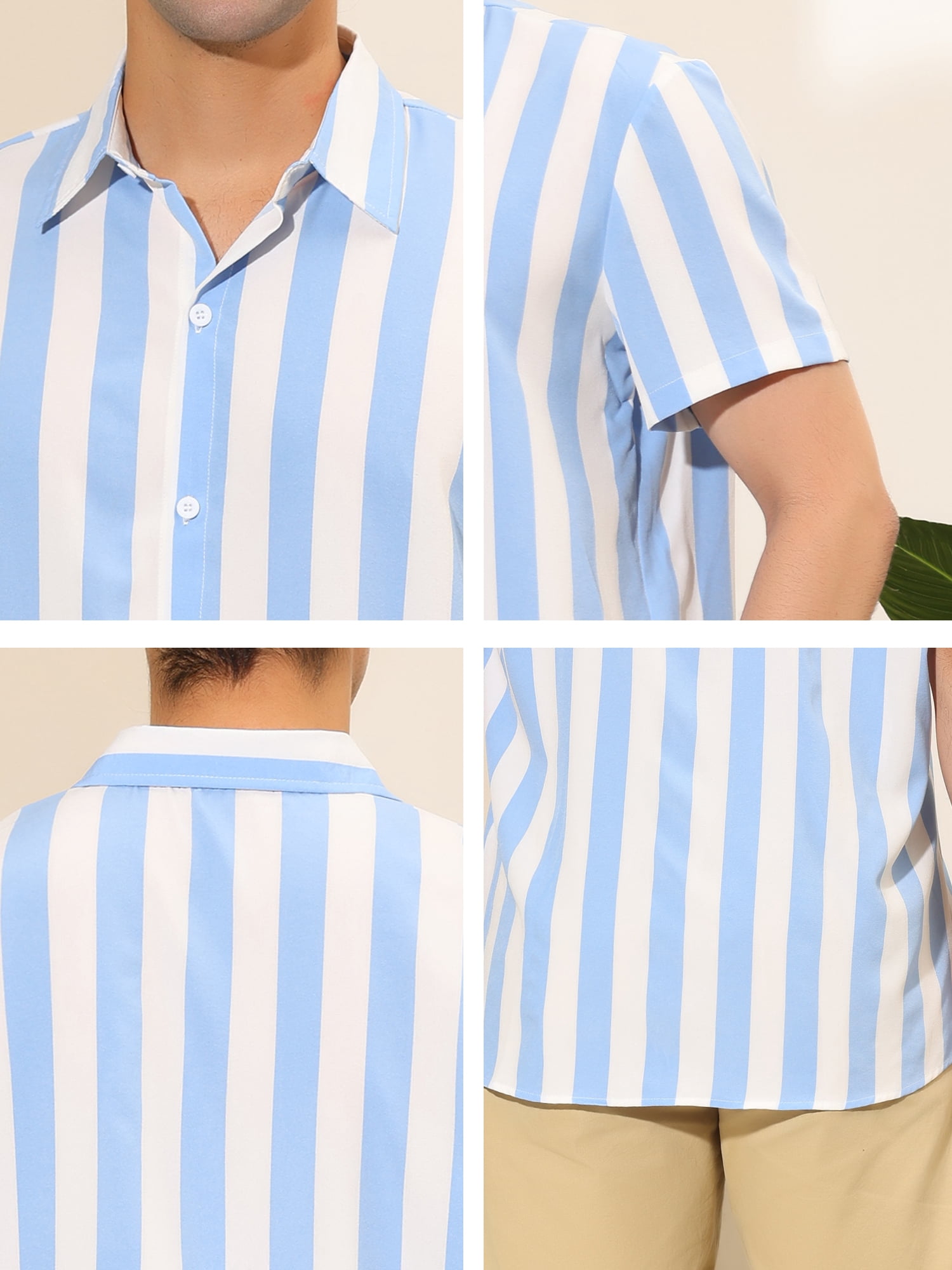 Unique Bargains Men's Short Sleeved Color Block Button Down Beach Stripe Shirt XL Light Blue