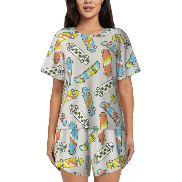 Fotbe Skateboard Conjunto de Pijama Estampado para Mujer, 2 Piezas, Ropa de Dormir con Camiseta de Manga Corta y Shorts Suaves-Medium