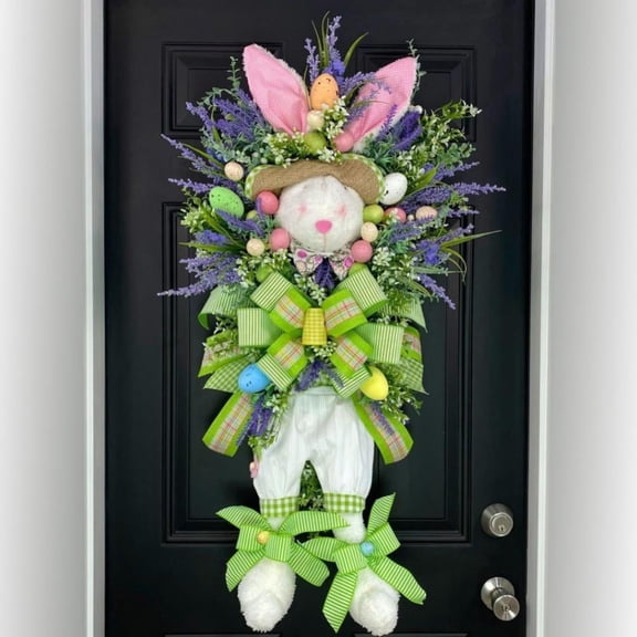 NOUGFVZP Easter Bunny Wreath, Stuffed Bunny Easter Front Door Wreath,24 Inch Artificial Flowers and Leaves Easter Outdoor Decorations