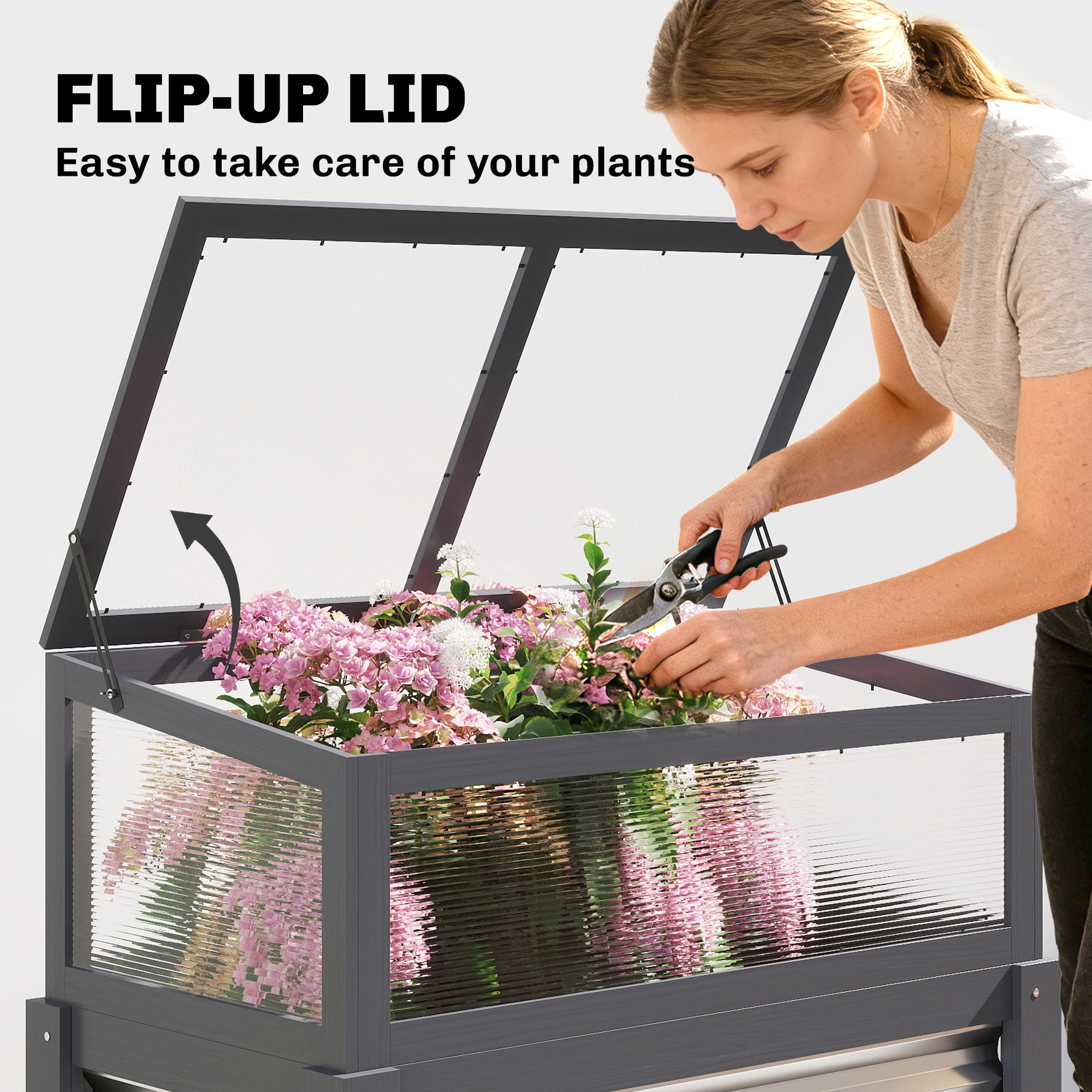 Outsunny Raised Garden Bed with Flip-Up Mini Greenhouse, Elevated Planter Box with Legs and Bed Liner for Flowers, Vegetables, Gray