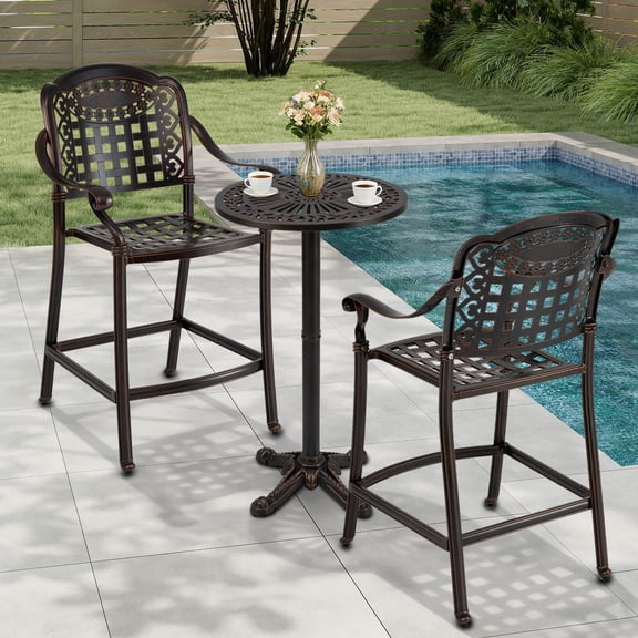Costway 3 PCS Outdoor Cast Aluminum Round High Top Table & 2 Counter Height Bar Stools