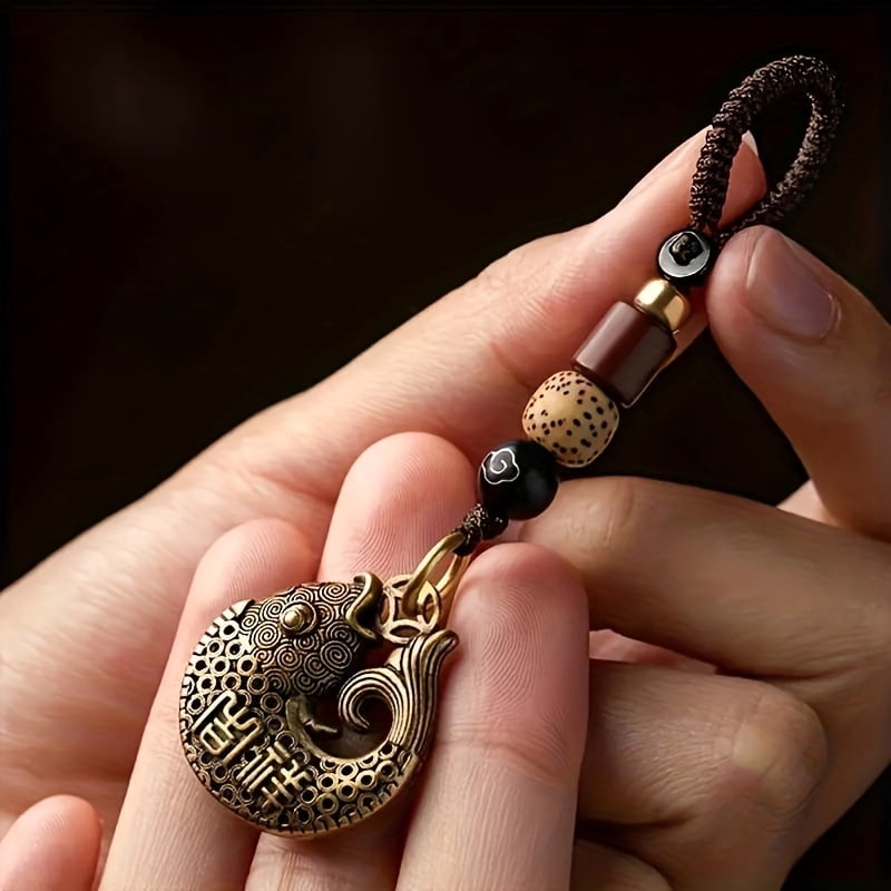 Brass Auspicious Fish Men's Key Ring -Royal Palace Style Pure Copper Car Key Ring, with complex host design S, Car Key Ring Accessories,Fish