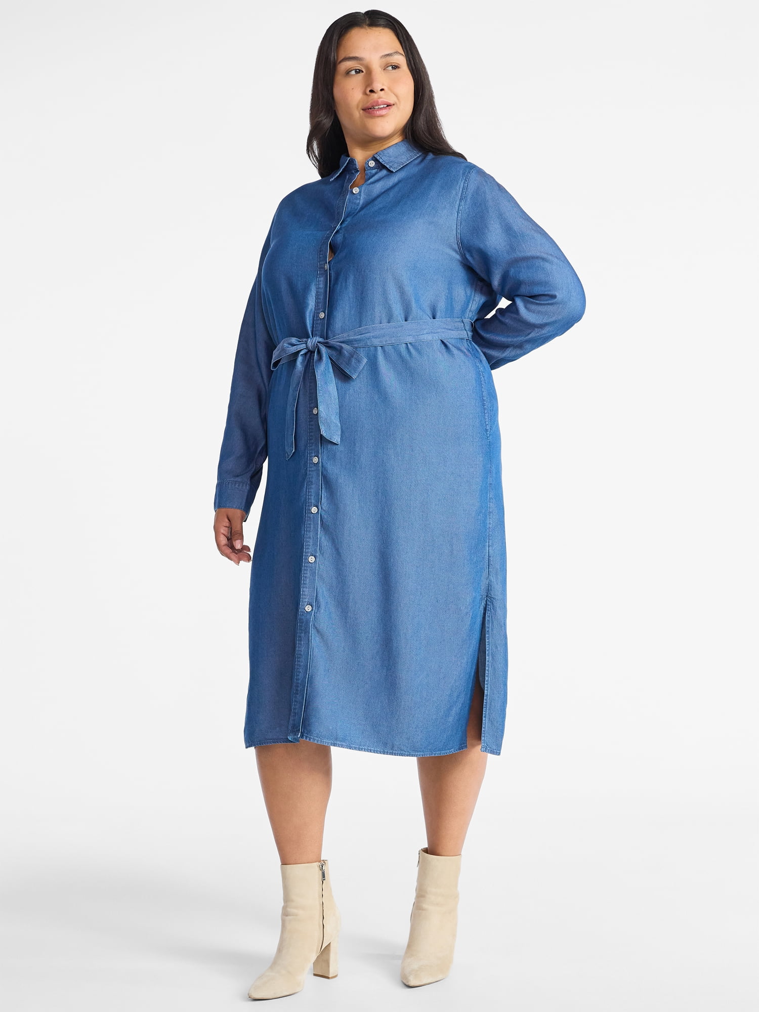 Time and Tru Women's Midi Shirt Dress with Long Sleeves, Sizes XS-XXXL