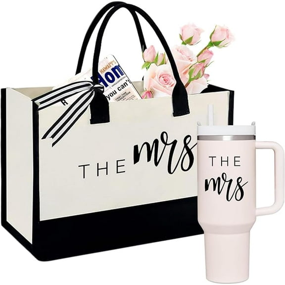 Physkoa Bride & Mrs Tote and 40oz Tumbler Set – Wedding, Engagement or Bridal Shower Gift, Cream Cup & Canvas Bag