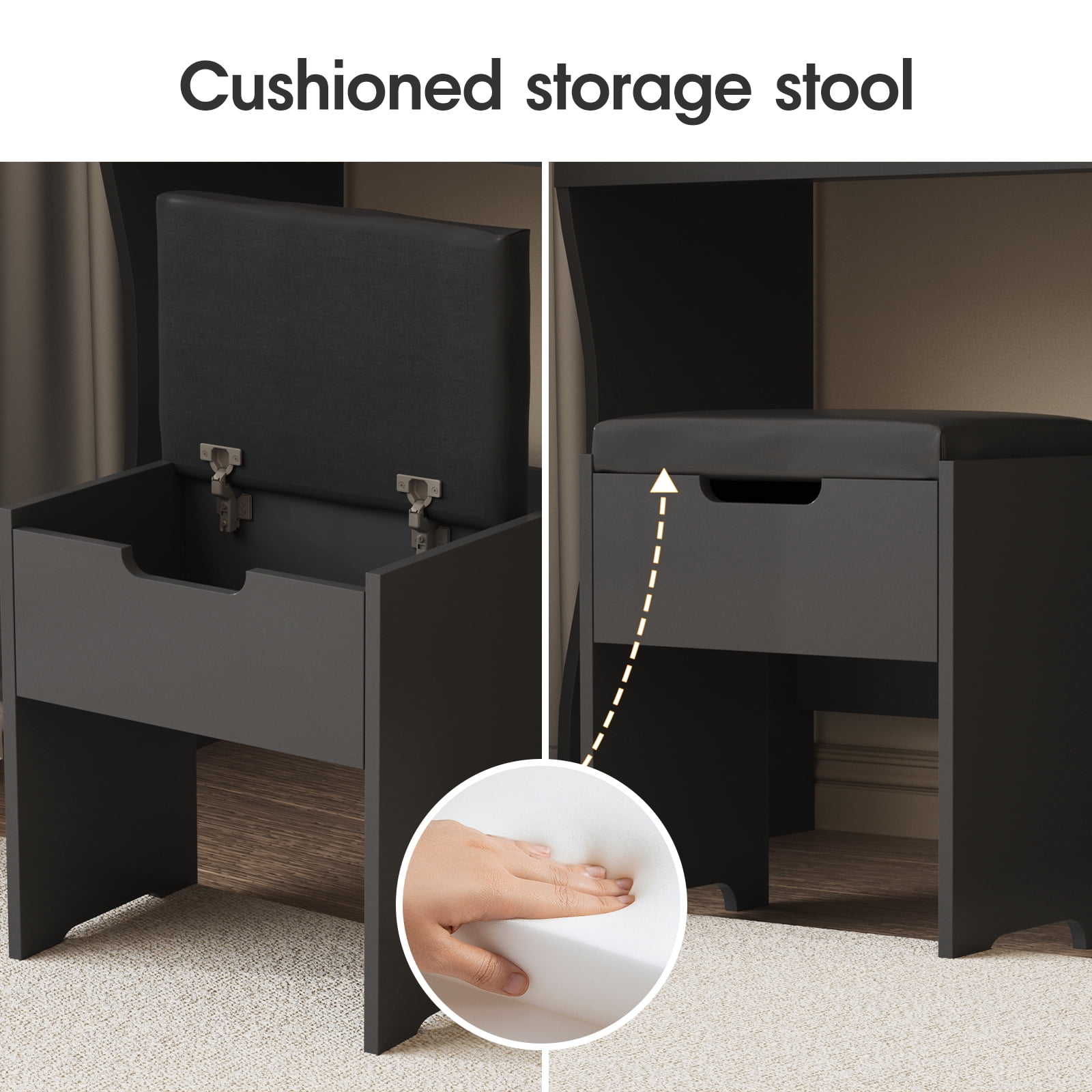 VEANERWOOD Modern Vanity Table with Lighted Mirror and Stool, Black Finish, for Bedroom