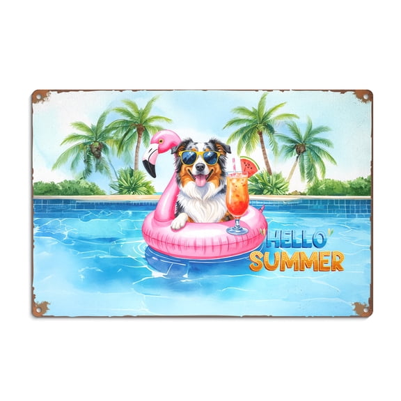 Hello Summer Australian Shepherd at Swimming Pool Flamingo Swim Ring Horizontal Metal Aluminum Sign Aussie Dog Lover Gifts Wall Art Home Decor - 12009