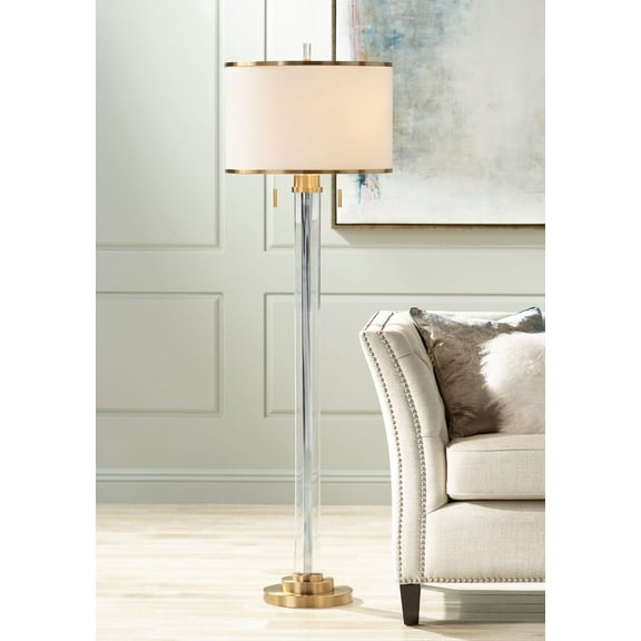 Possini Euro Design Cadence Modern Floor Lamp Standing 62" Tall Crystal Glass Column Satin Brass Linen Drum Shade for Living Room Bedroom Office House