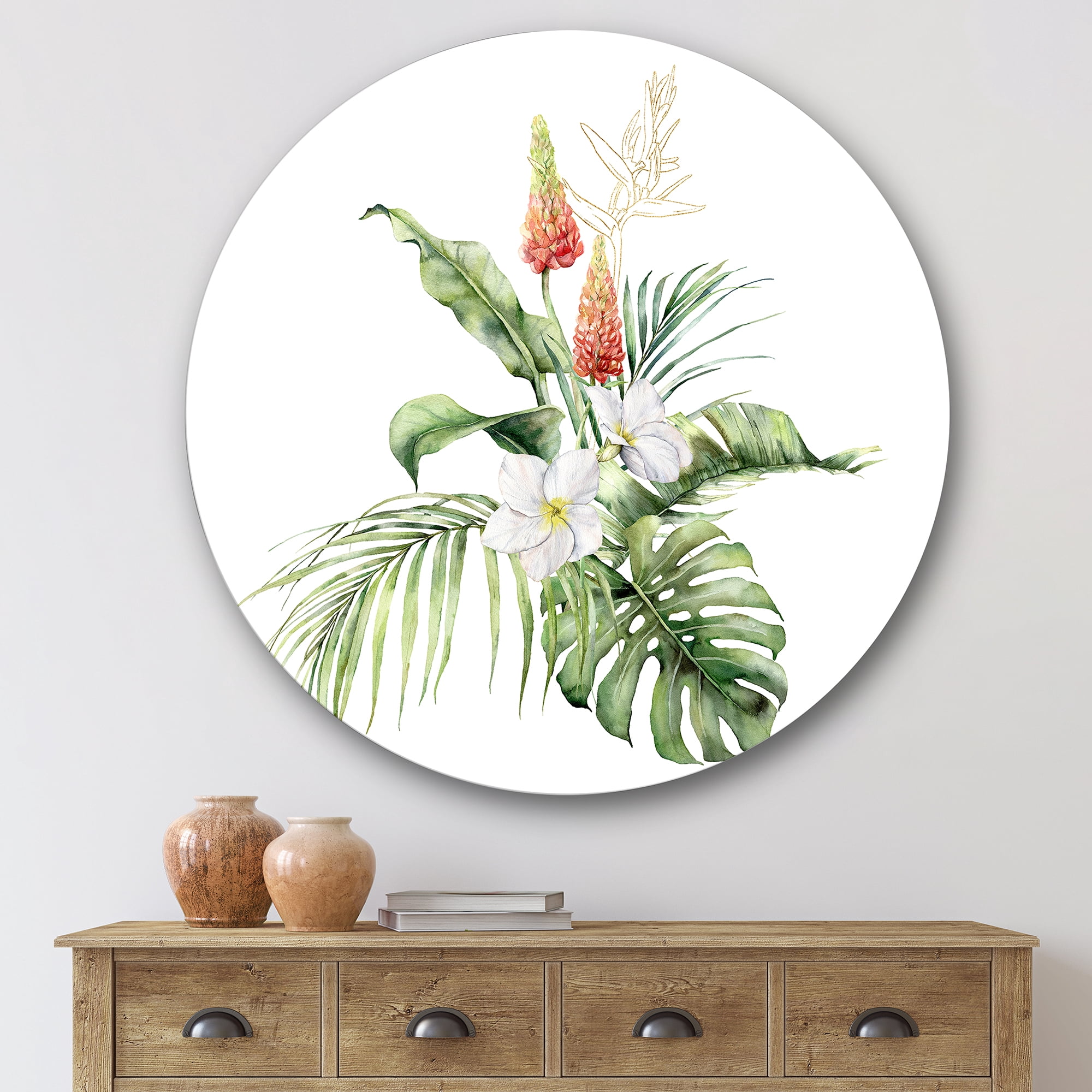Designart 'Tropical Bouquet With Plumeria Lupine Palm Leaves' Traditional Circle Metal Wall Art 29x29 - Disc of 29