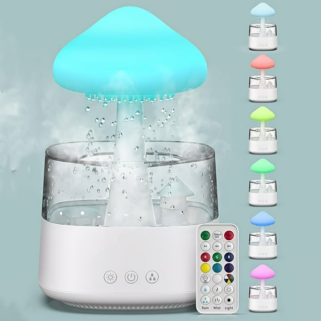 Estbridge Humidificateur Nuage de Pluie Goutte à Goutte avec Lumières LED Réglables Télécommande 7 Options de Couleur Bruit Blanc Humidification Fontaine de Bureau Sommeil Relaxation
