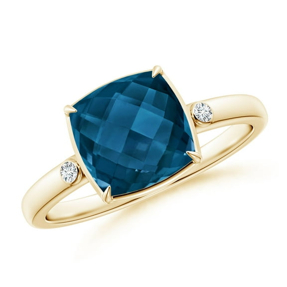 ANGARA Natural 3 ct London Blue Topaz Cocktail Ring with Bezel Diamonds in 14K Yellow Gold for Women (Size-8mm) | Anniversary, Jewelry Gift for Women | Natural London Blue Topaz Ring