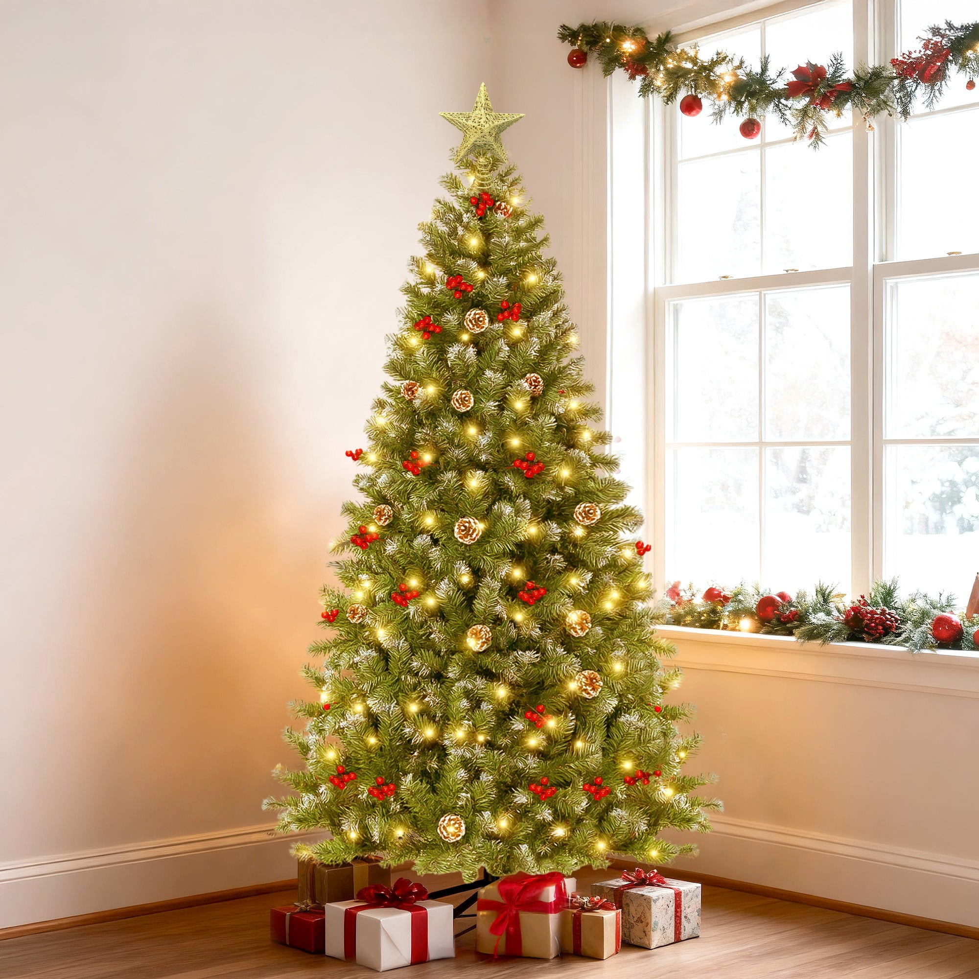 GVDV 6FT Pre-Lit Berry Christmas Tree, Artificial Snowflake Christmas Tree with 300LED Warm White Lights, Pine Cones & Top Star, Xmas Holiday Decor, Metal Hinges Easy Assembly