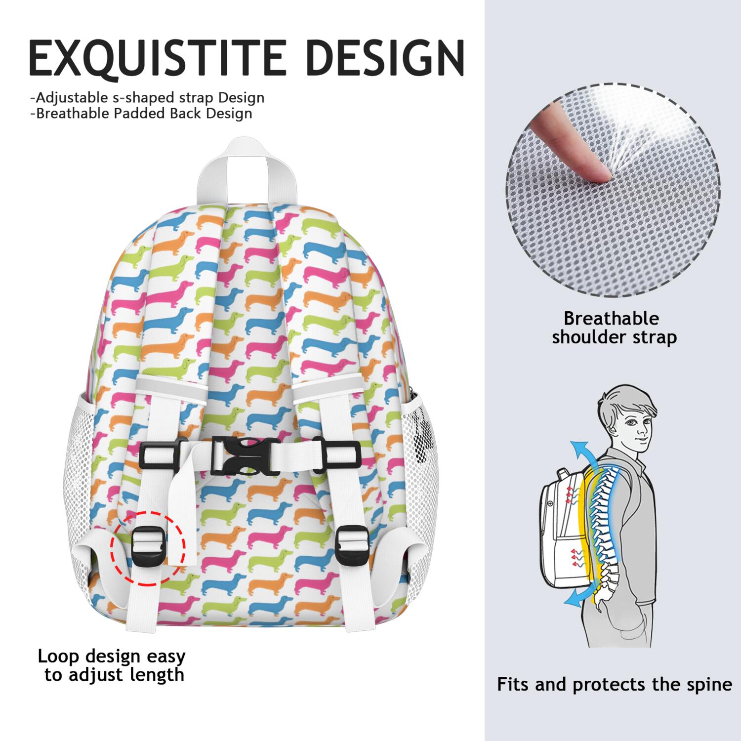 Colorful Funny Dachshund Backpack for School,Cute School Bag,Schoolbag with Adjustable Shoulder Straps & Padded Back,15"x11.42"x5.5"