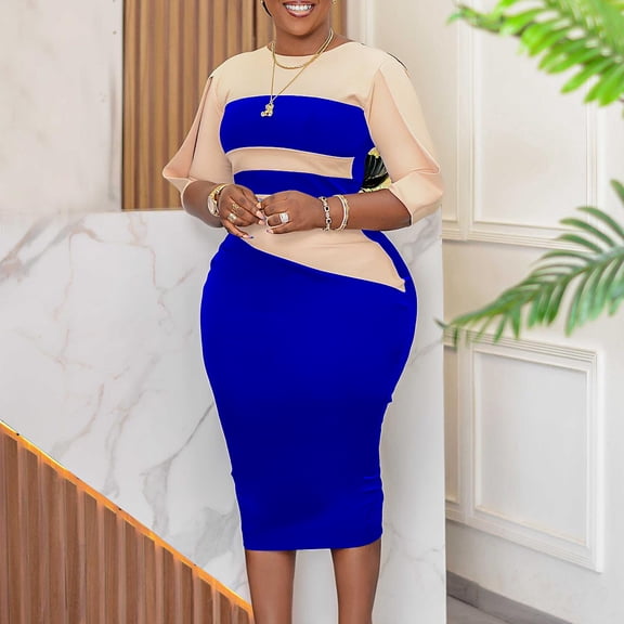 AURA Plus Size Color Block Pencil Midi Dress Crewneck Half Sleeve High Waist Bodycon Work Office Elegant Dress