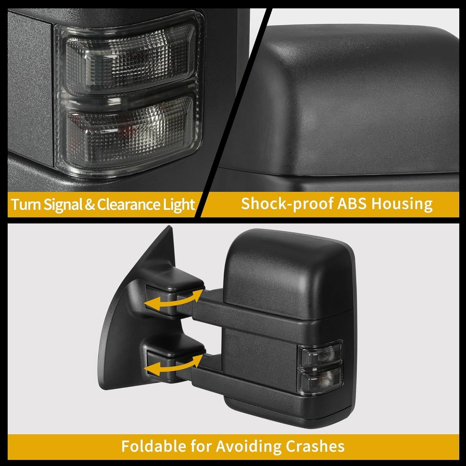LEDKINGDOMUS Power Heated Telescoping Tow Mirrors for 1999-2016 Ford F250 F350 F450 F550 Super Duty with Foldable Arrow LED Turn Signal & Smoke Lens, Manual Folding