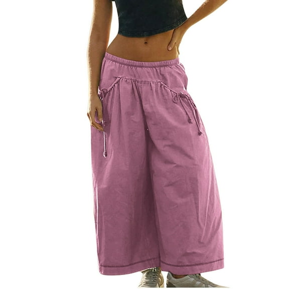 DeHolifer Women's Pants Wide Leg Solid Color Elastic Waisted Drawstring Summer Lounge Casual Loose Pants with Pocket Pink 2XL