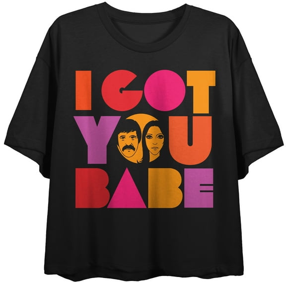 Sonny and Cher I Got You Babe Women's Black Crop Tee With Short Sleeves and Crew Neck-Medium