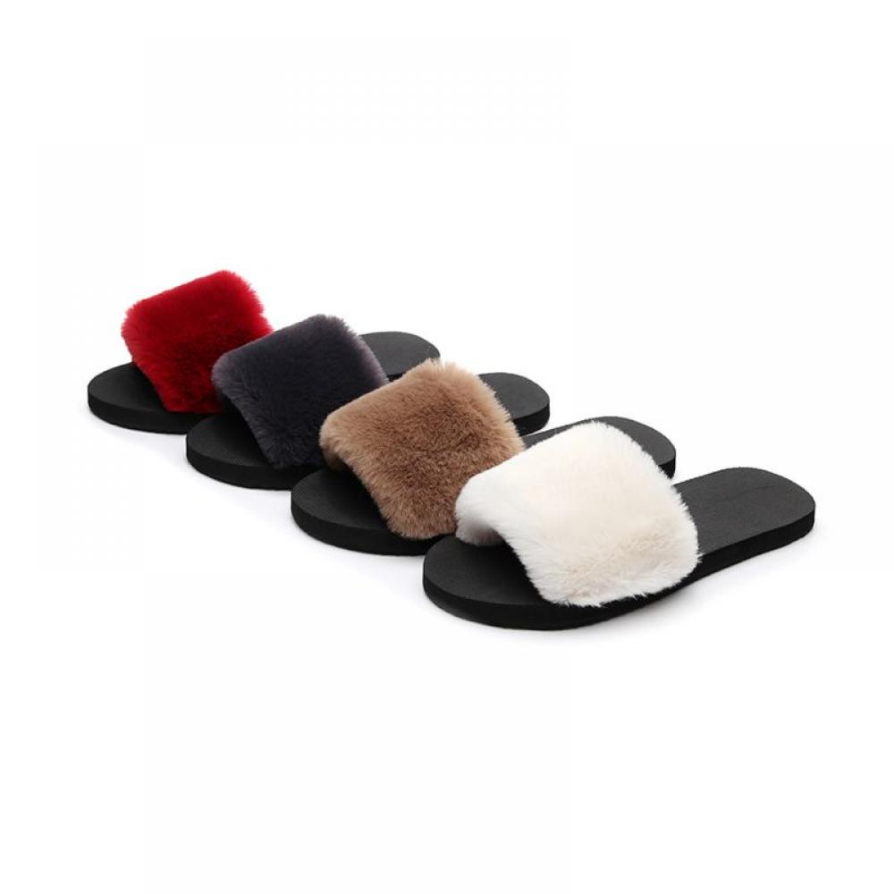 Women's Plush Faux Fur Fuzzy Slide on Open Toe Slipper with Memory Foam Open Toe Slippers with Arch Support Anti Skid Ladies Slip On Fur Slide Slippers House Shoes Mules Indoor Outdoor - image 2 of 4