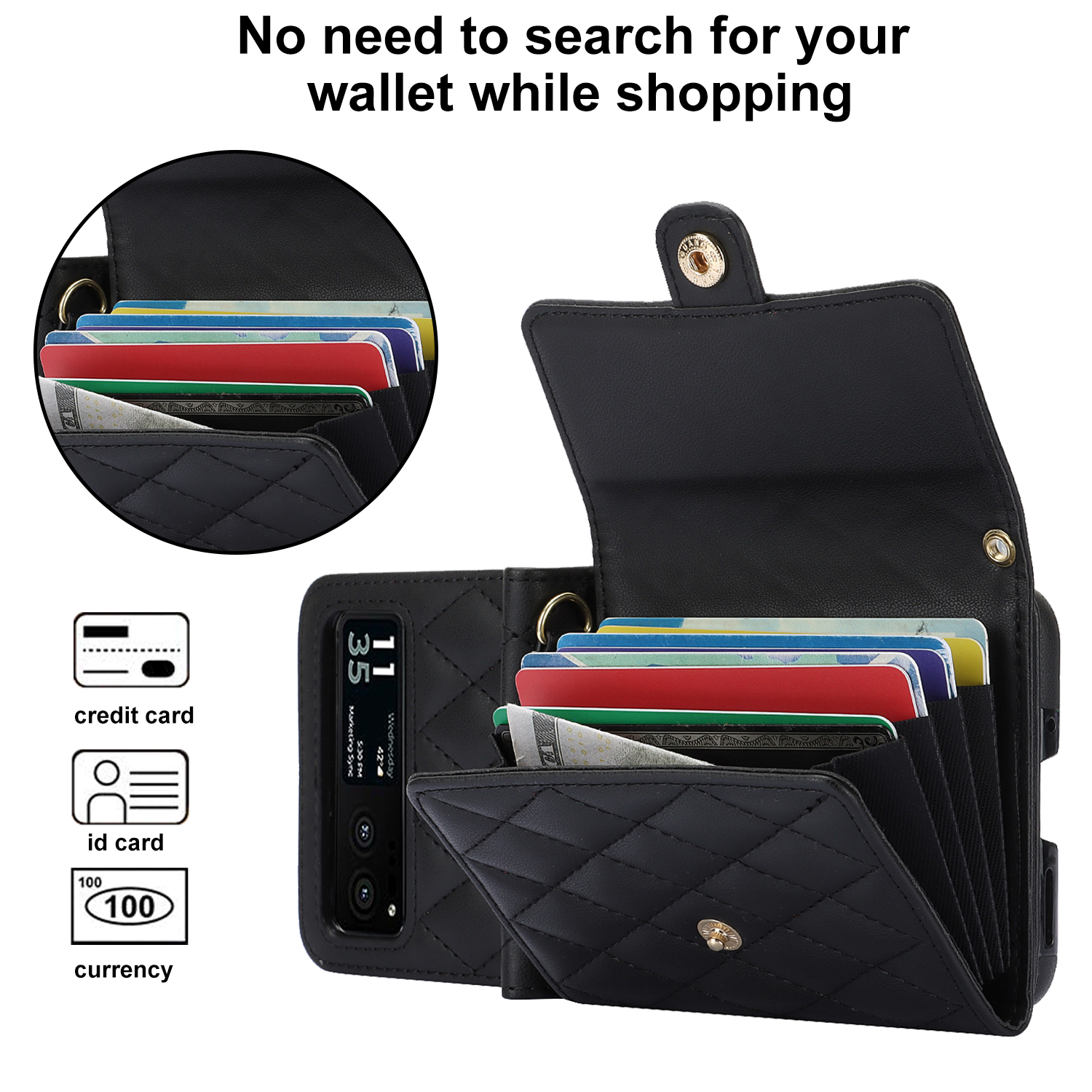 Allytechgroup Moto Razr 2025 Wallet Case with Shoulder Strap, Premium PU Leather Multiple Cards Slots Protective Shockproof Portable Phone Case Cover for Motorola Moto Razr 2025, Black