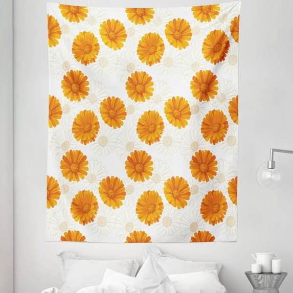 Burnt Orange Tapestry, Blooming Calendula Flowers Watercolor Botany Themed Composition, Fabric Wall Hanging Decor for Bedroom Living Room Dorm, 5 Sizes, Burnt Orange and White, by Ambesonne