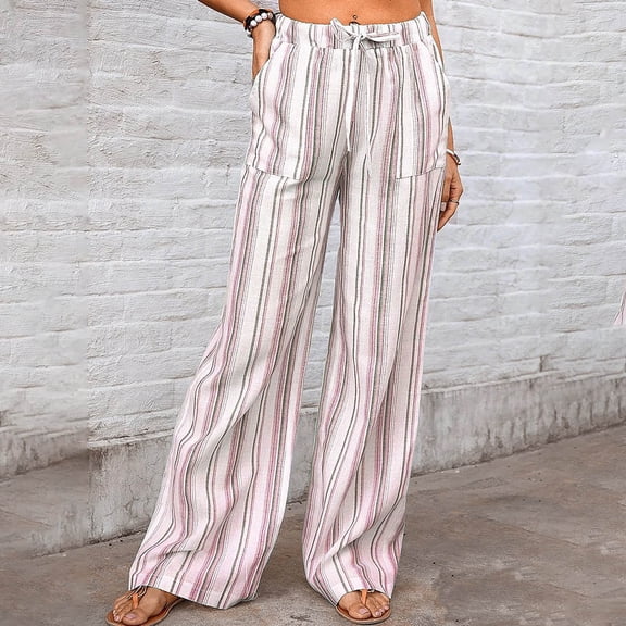 ATENAR Womens Pants Comfortable High Waist Pants Drawstring Pant Pink 2XL