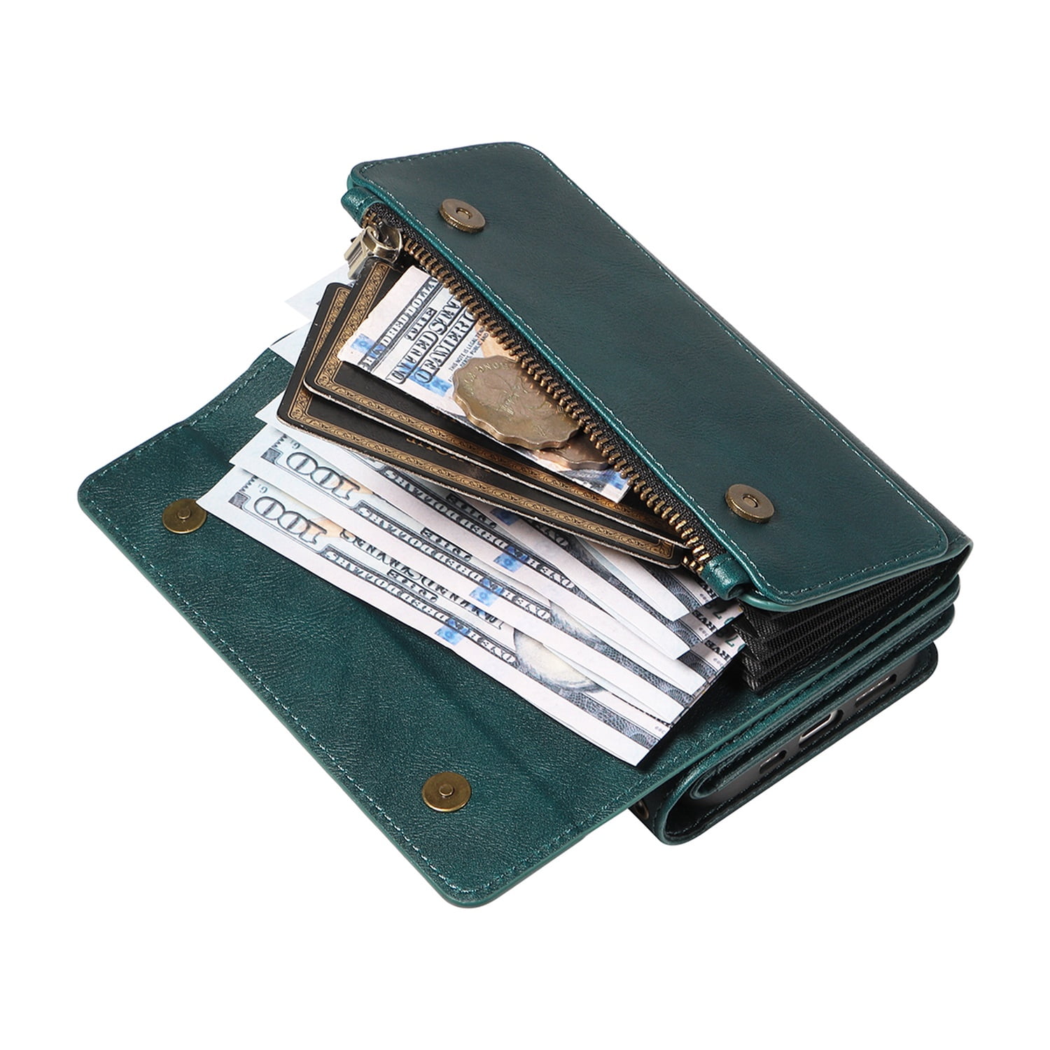 Allytechgroup Crossbody Wallet Case for Apple iPhone 17 Pro Max, Magnetic PU Leather Flip Protective Case Cover with RFID Blocking, 14 Card Slots Cash Pocket Zipper Pocket Shoulder Strap,Green