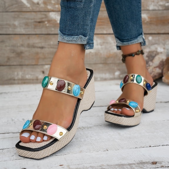 Domuza Women's Bohemian Gemstone Wedge Sandals, Open Toe Slip-On Slides, Comfy Chunky Platform Summer Shoes for Beach & Casual Wear Gold 5.5(EU-36)
