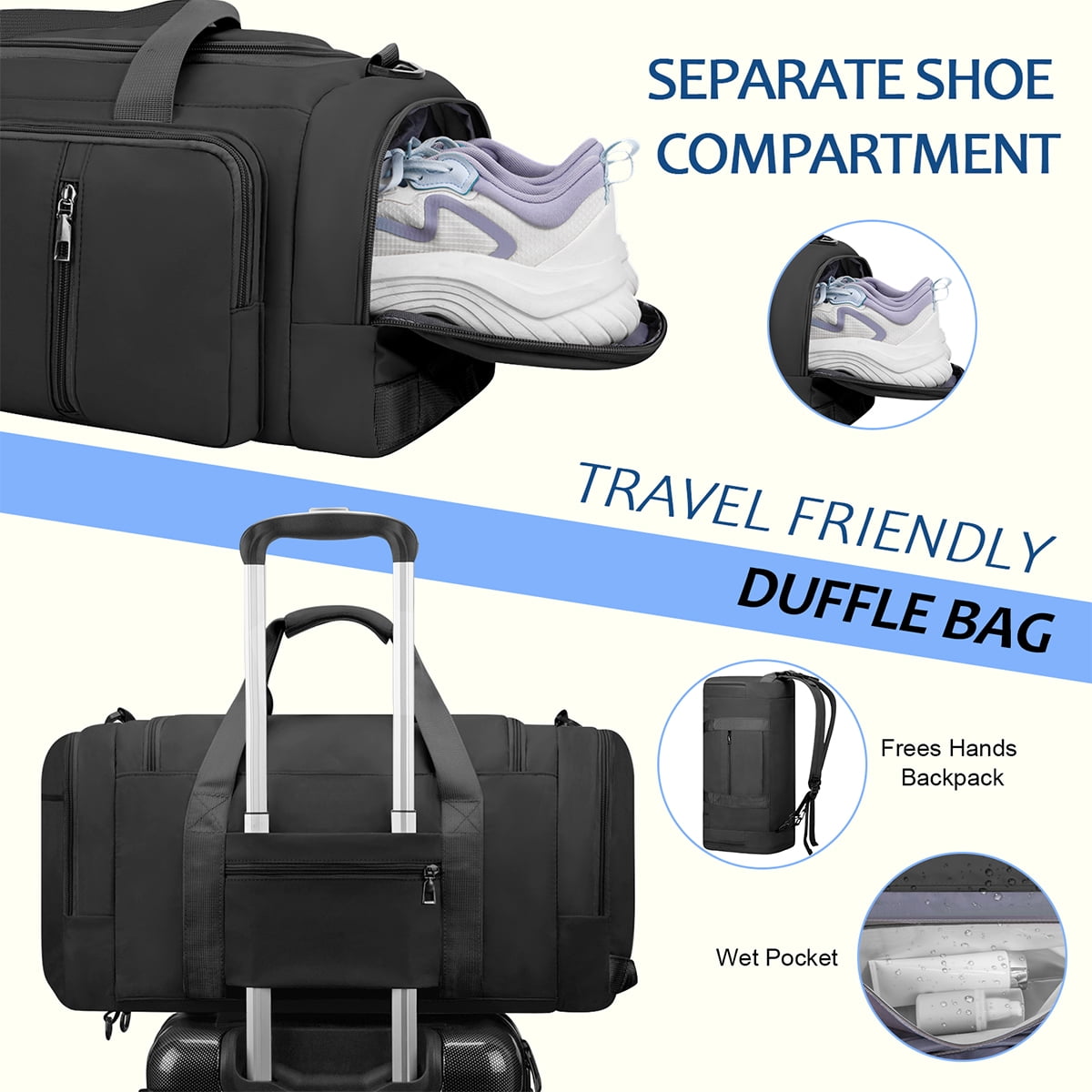 CshidWorld 40L Convertible Gym Bag Backpack with Shoe Compartment & Wet Pocket - Waterproof Travel Duffle Bag for Men & Women, Anti-Theft Carry On Weekender Overnight Bag - Black