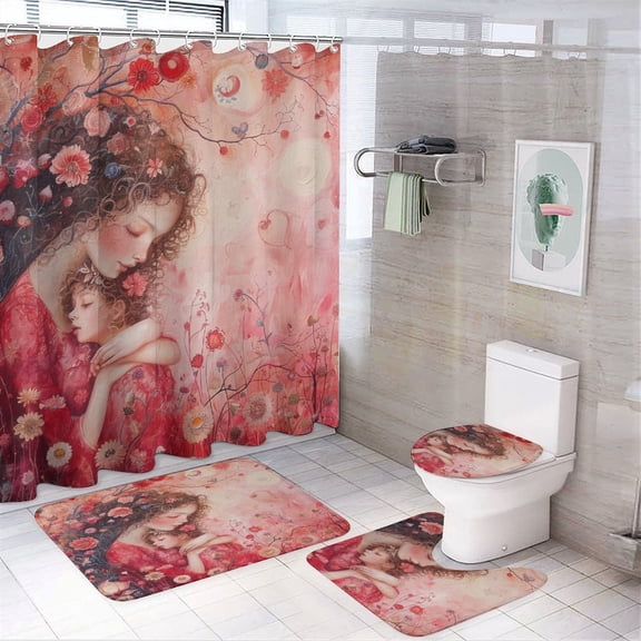 4Pcs Shower Curtain Set with Rugs with Rugs Include Waterproof Shower Curtain Non-Slip Rug Toilet Lid Cover Bath Mat I Love Mom Waterproof Durable Bathroom Decor Shower I Love Mom Grandma