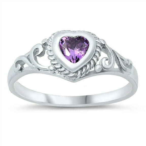 Filigree Heart Simulated Amethyst Cubic Zirconia Petite Rings Sterling Silver 925
