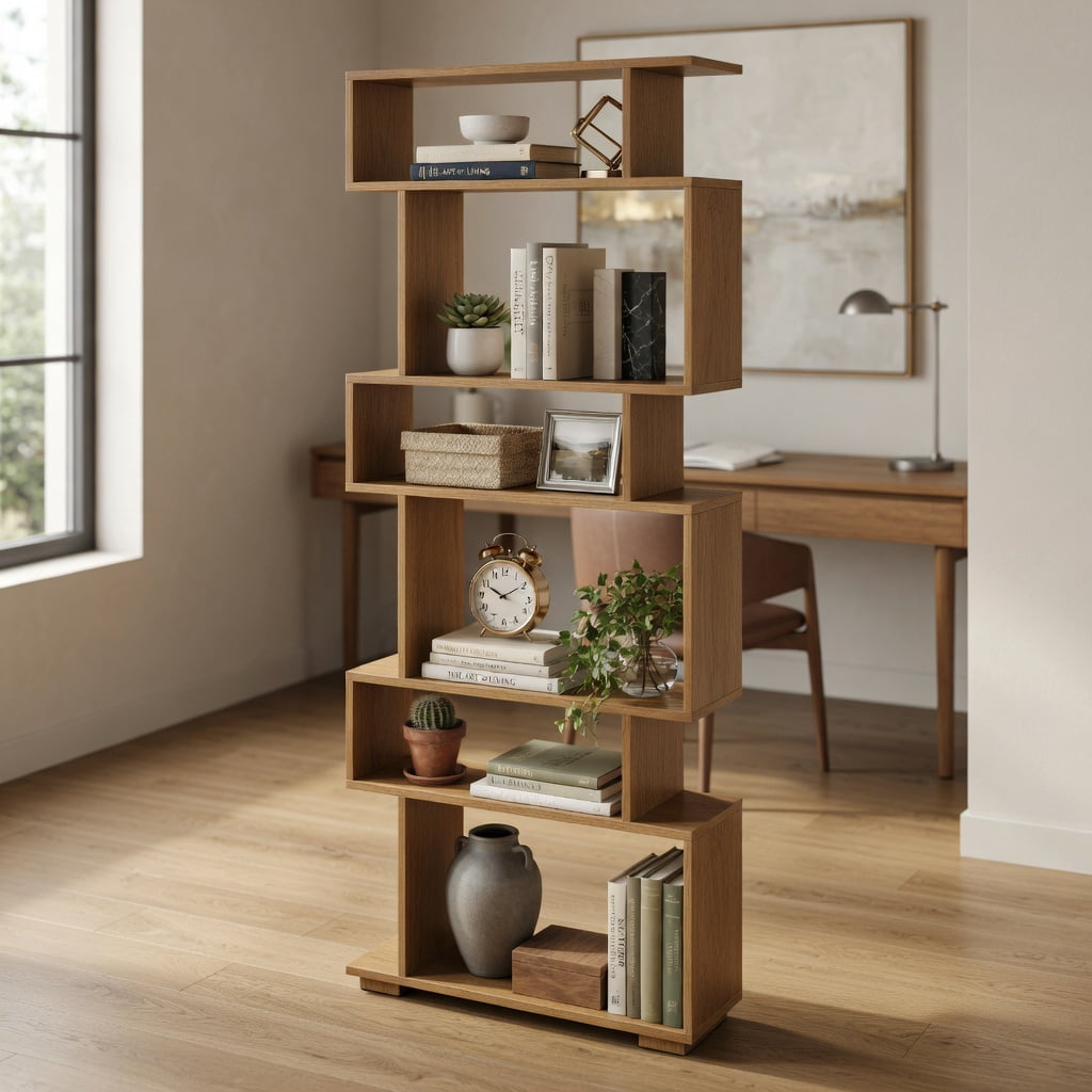GVN 6-Tier Geometric Open Bookshelf Stylish Modern Display Bookcase with 2 Anti-Tipping Kits Stable Structure for Home Office Study Living Room Storage Furniture, Natural