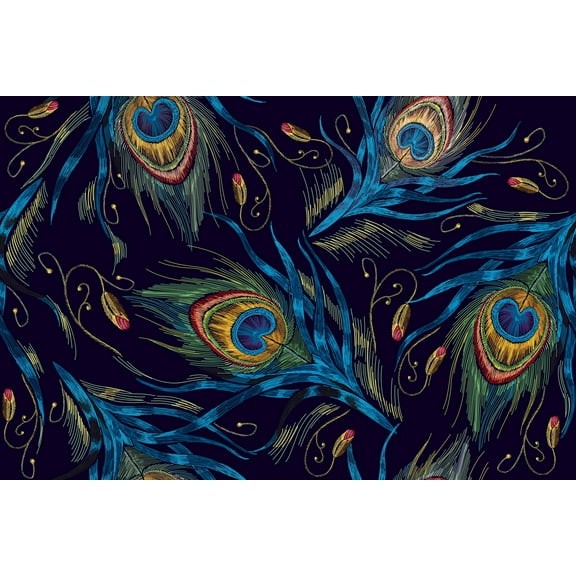Embroidery Peacock Feathers Removable Wallpaper 10'L x 24''W