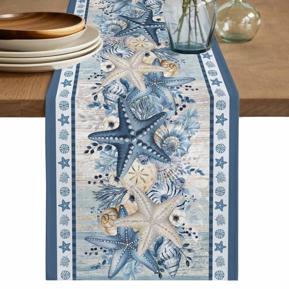 Navy Blue Starfish Coastal Table Runner, Beach Coral Botanical Nautical Washable Cotton Linen Table Runners 60 Inches Long, Dresser Scarf Runner for Coffee/TV Stands/Kitchen/Cabinets 13''x60''