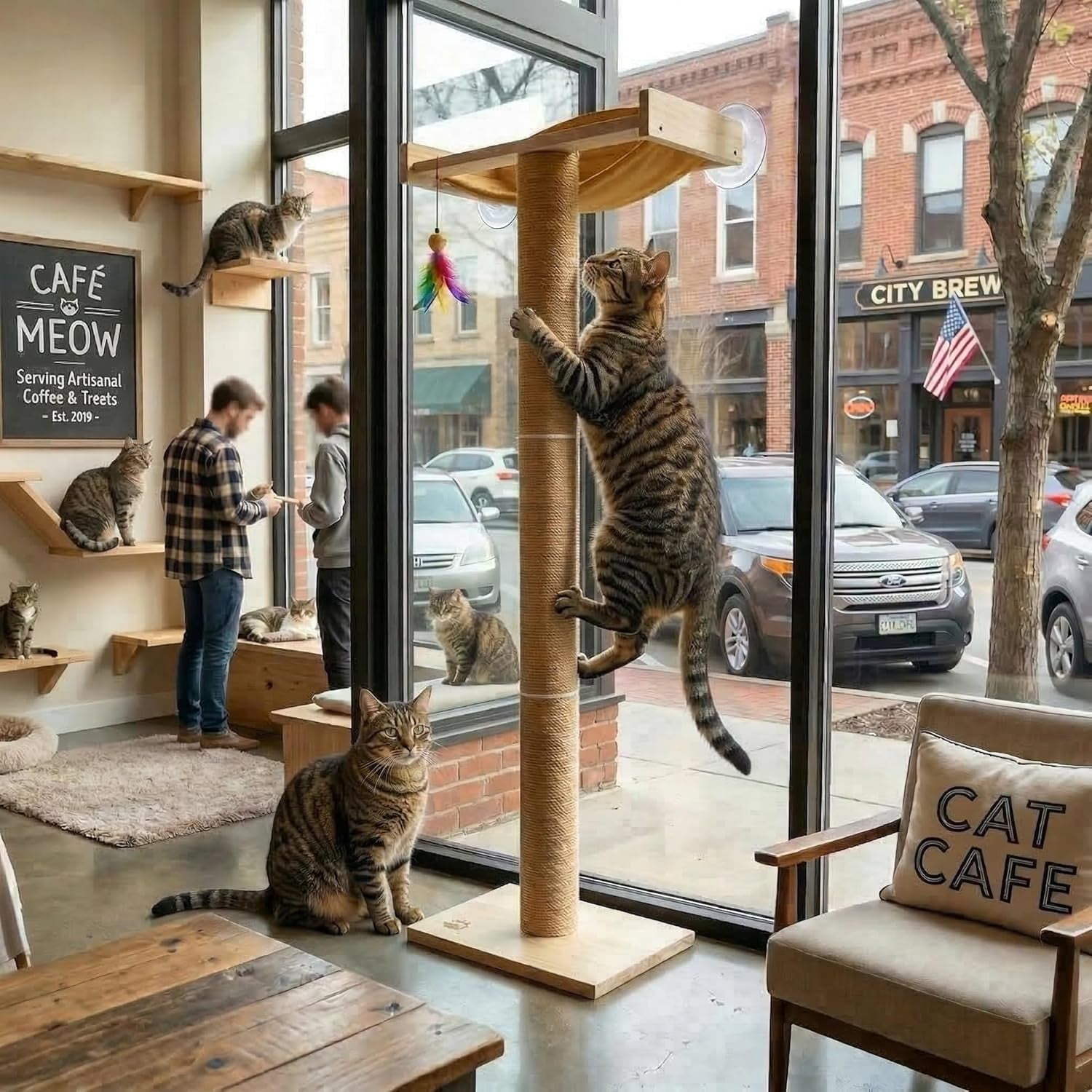 Window Perch with Tall Scratching Posts, Inside  Climbing Tree Hammock Mounted with Suction Cups for Sleeping Playing and Watching Birds
