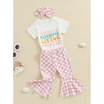thumbnail image 3 of Bagilaanoe 3pcs Newborn Baby Girl Pants Set Letter Short Sleeve Romper Tops + Plaid Flare Trousers + Headband 3M 6M 12M 18M Infant Casual Clothes, 3 of 7