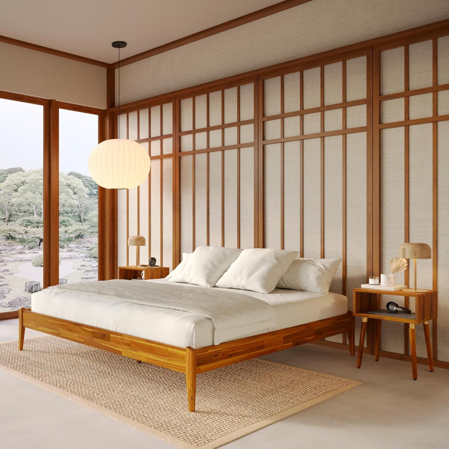 Bme King Size | Dinkee 78x82x15in Signature Bed Frame Without Headboard, Multiple Style, Acacia Wood, Caramel