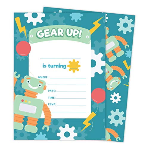 Childrens Kids Birthday Party Invitations Invites Pack Pads Blank Boys Girls With Envelopes, Robot