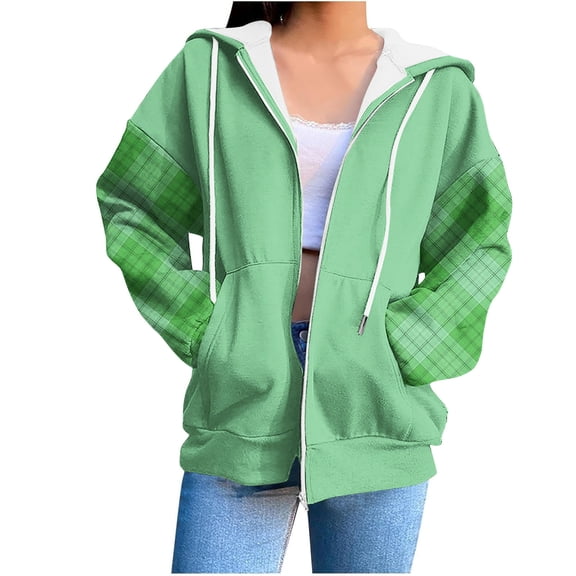 Enjoytime Womens Zip Up Hoodies Plaid Printed Long Sleeve Zip Up Sweatshirt Fall Fashion Casual Loose Jackets Winter Clothes 2025 Green XL