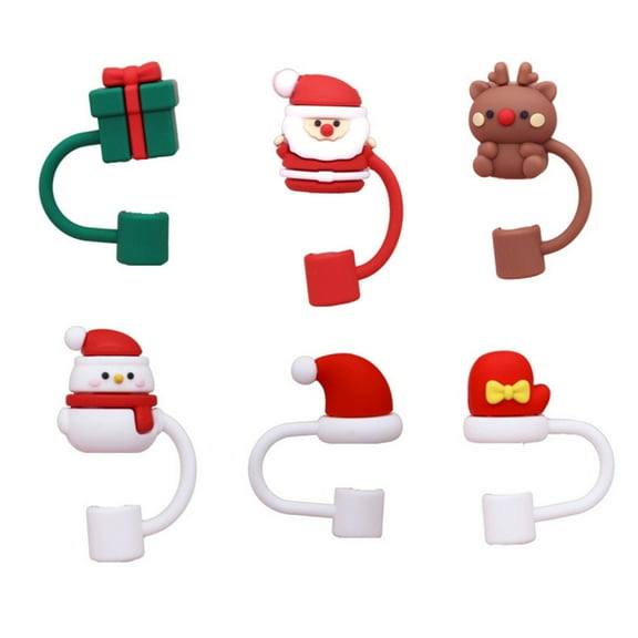 ZPAQI 6pcs Straw Toppers Reusable Christmas Santa Straw Cover Cap Protectors Silicone