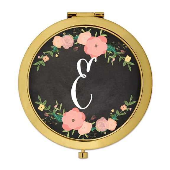 Koyal Wholesale Gold Compact Mirror Bridesmaid's Wedding Gift, Pink Peach Florals | Chalkboard, Monogram Letter E, 1-Pk
