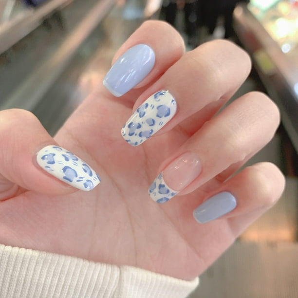 Alexsix Fake Nails Cream White Baby Blue Short Nail Stickers Finished Nail Stickers 24 Nail Stickers With Glue Walmart Com