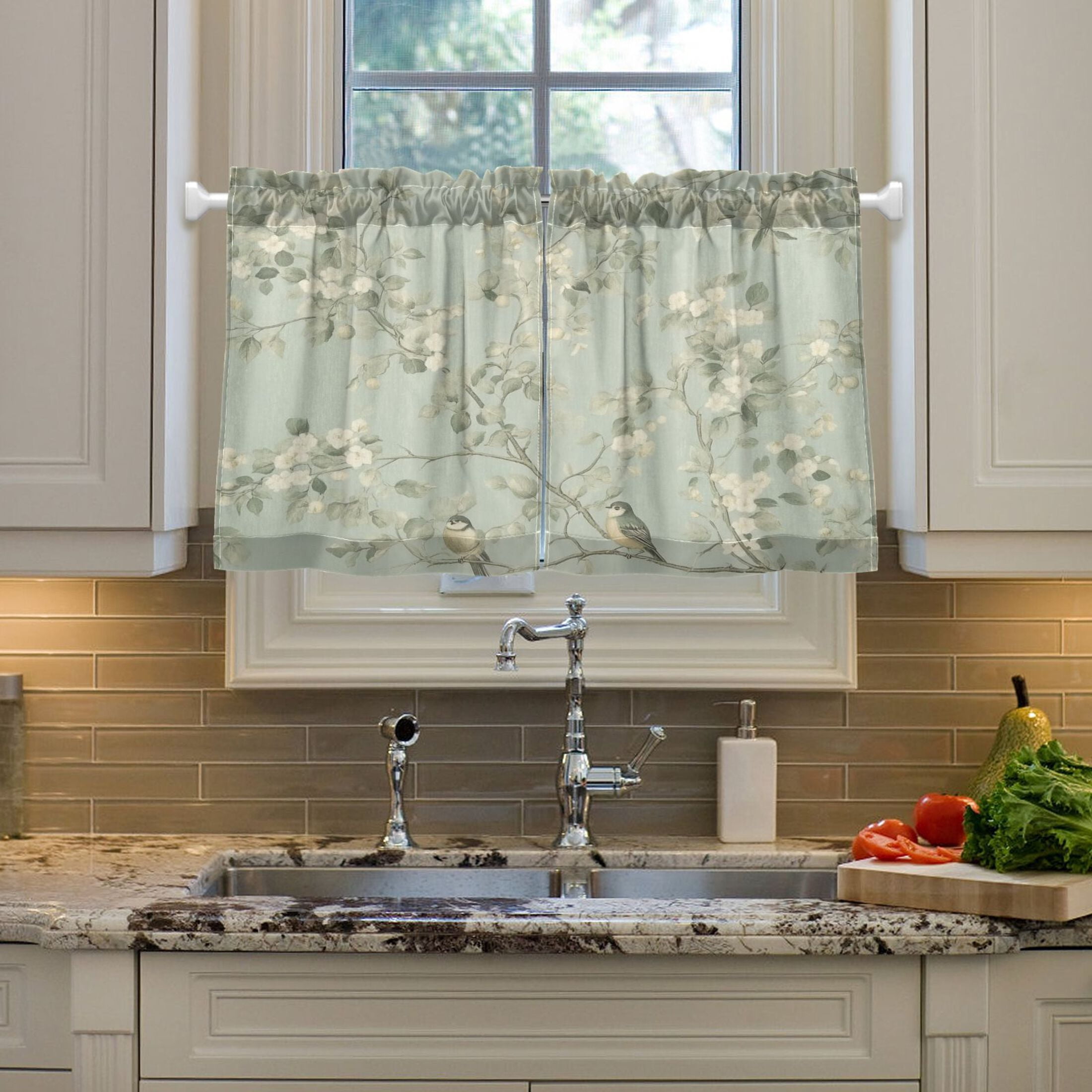 Birds in Bloom 27"x36" Linen Look Cafe Curtain Set with Privacy and UV Protection
