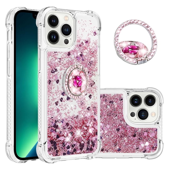 Funda para iPhone 13 Pro Max con Brillo Líquido Flotante, Purpurina, Parachoques y Anillo Giratorio Soporte